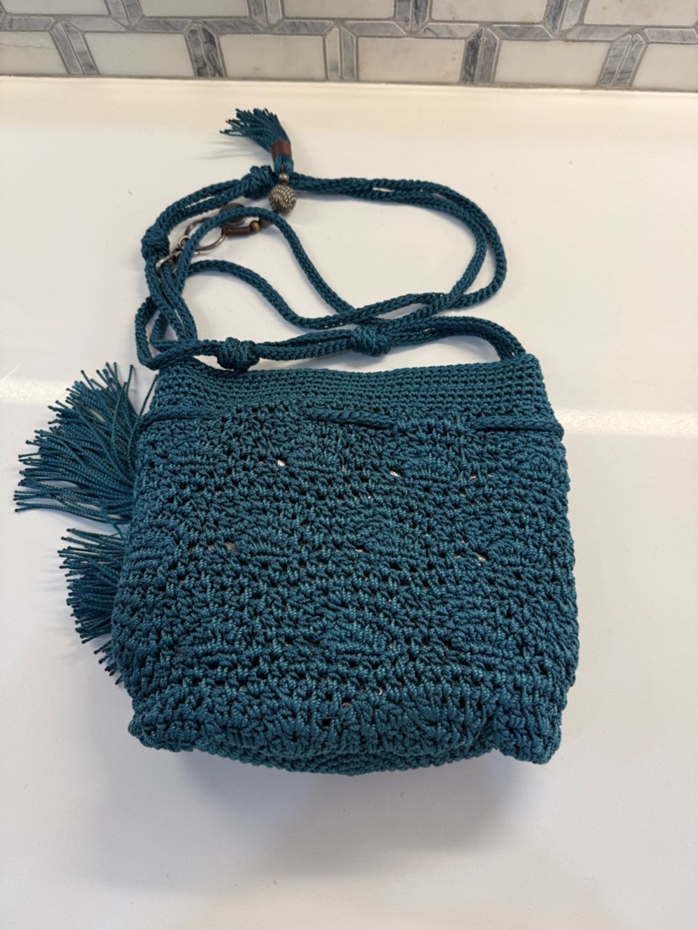 The Sak…Handmade Teal Crochet Crossbody Bag with Tassel - Picture 5 of 7